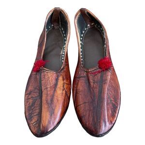 Handmade Leather Khussa Jutti Ethnic Slip On Shoes Brown Red Pom Tassel Size 12